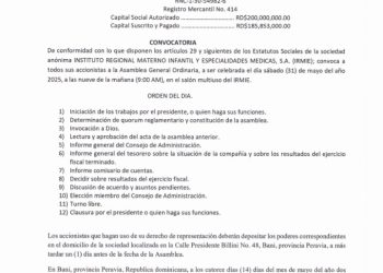 IRMIE HACE FORMAL CONVOCATORIA DE ASAMBLEA GENERAL ORDINARIA