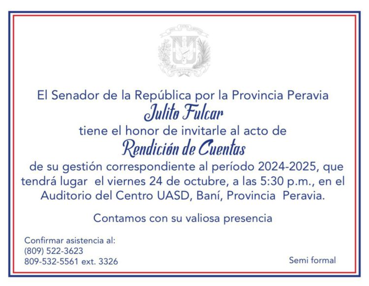 Senador Julito Fulcar rendirá cuentas del período legislativo 2024-2025 este viernes 24 en Baní